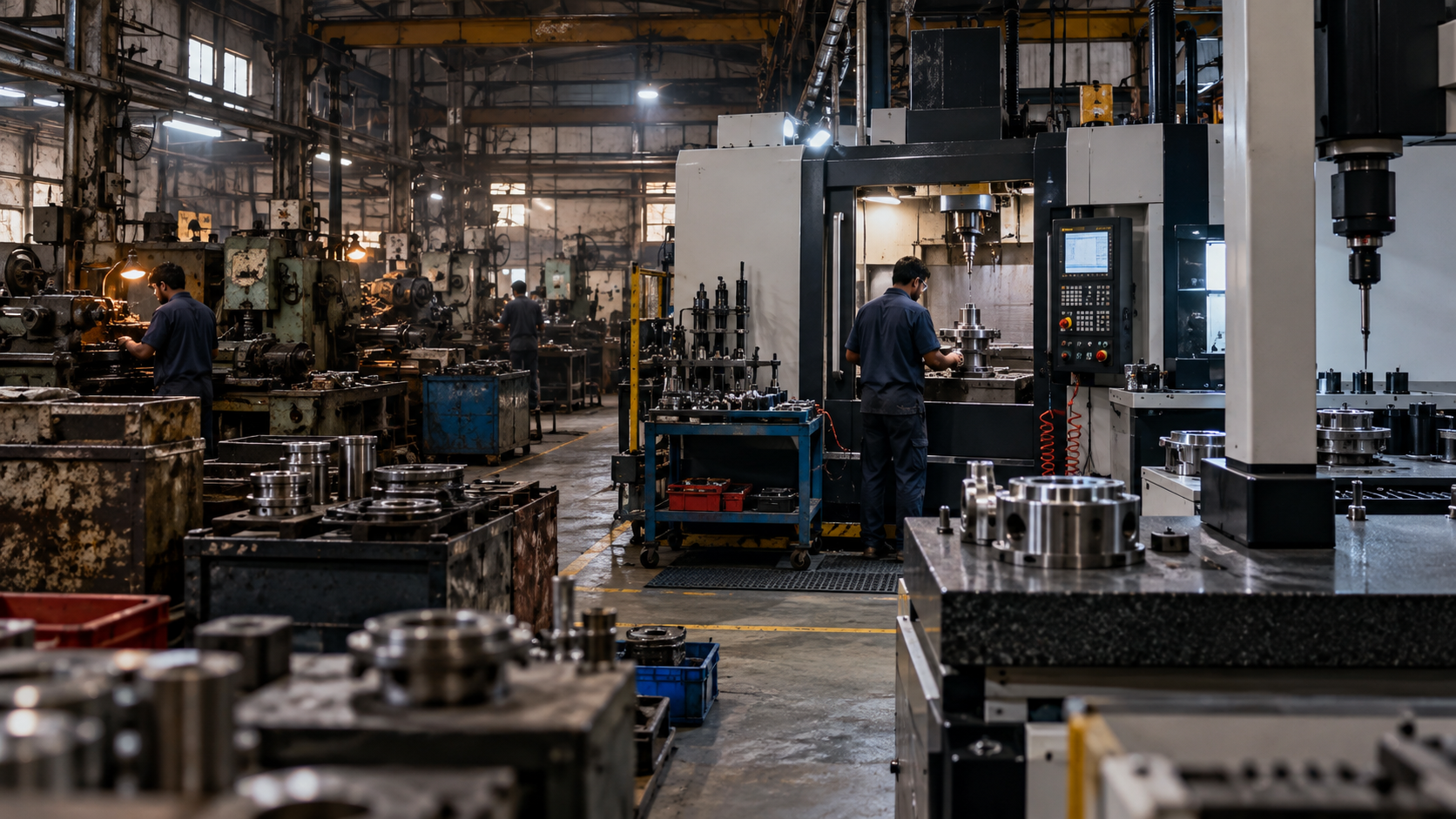 Indian manufacturing floor combining conventional machining with advanced CNC production and precision metrology