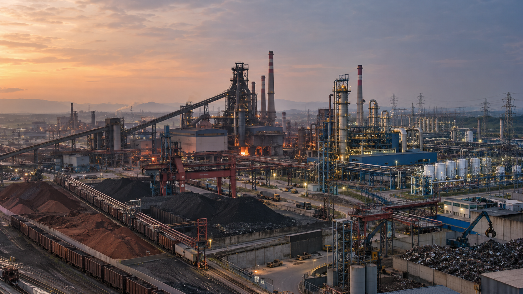 Integrated steel complex showing multiple production routes and resource infrastructure