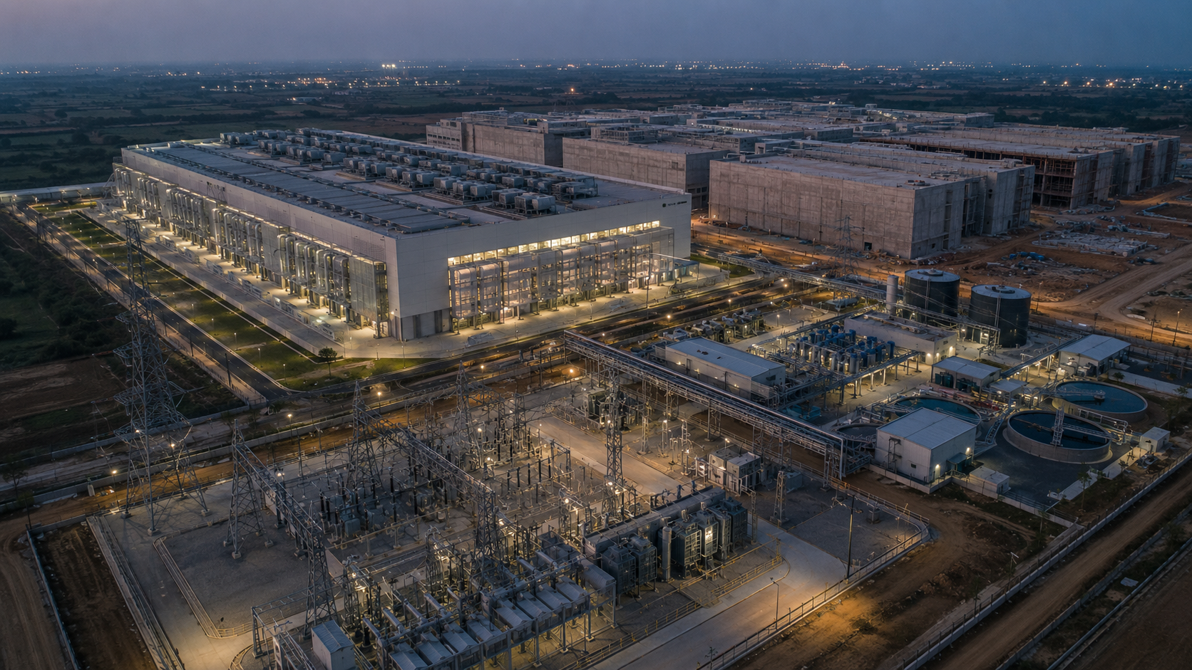Aerial view of a hyperscale data-centre campus at dusk, showing server halls, power substation and water-treatment infrastructure.