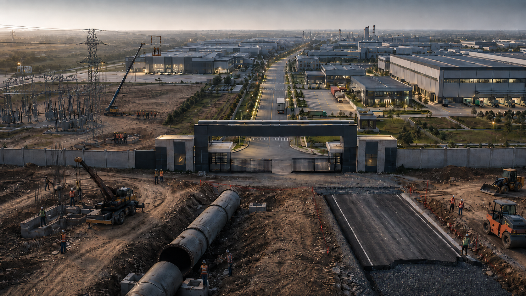 Industrial park gate with power infrastructure, pipelines and road construction under way outside