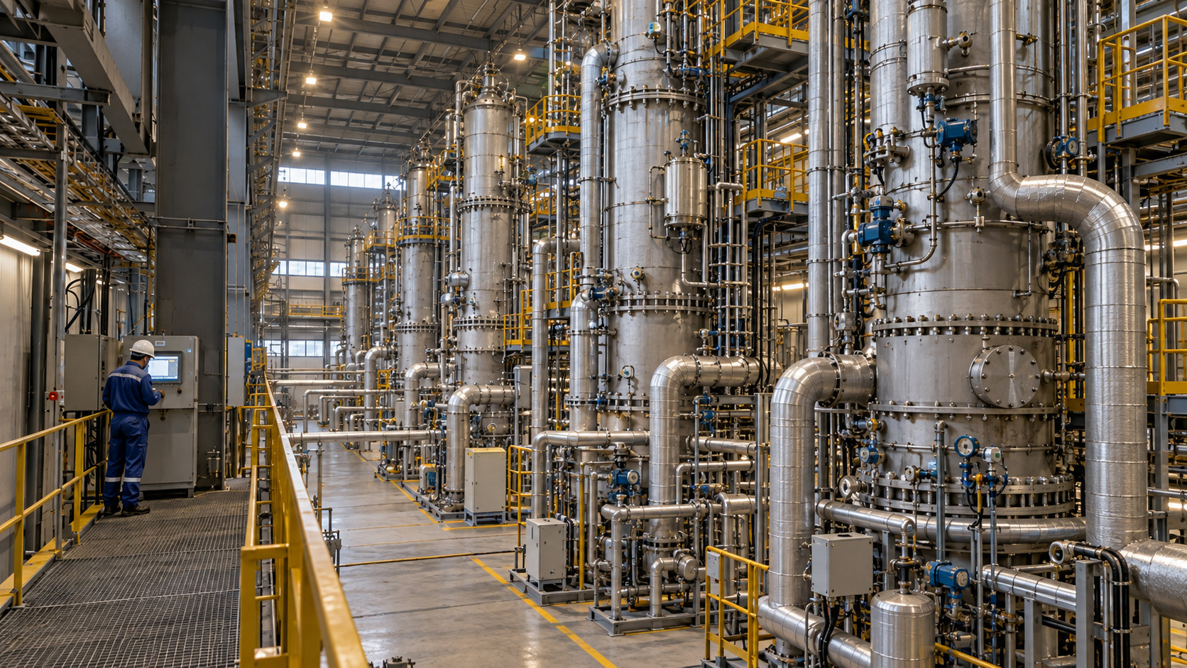 Industrial process plant with tall stainless-steel vessels and piping; an engineer works at a control panel