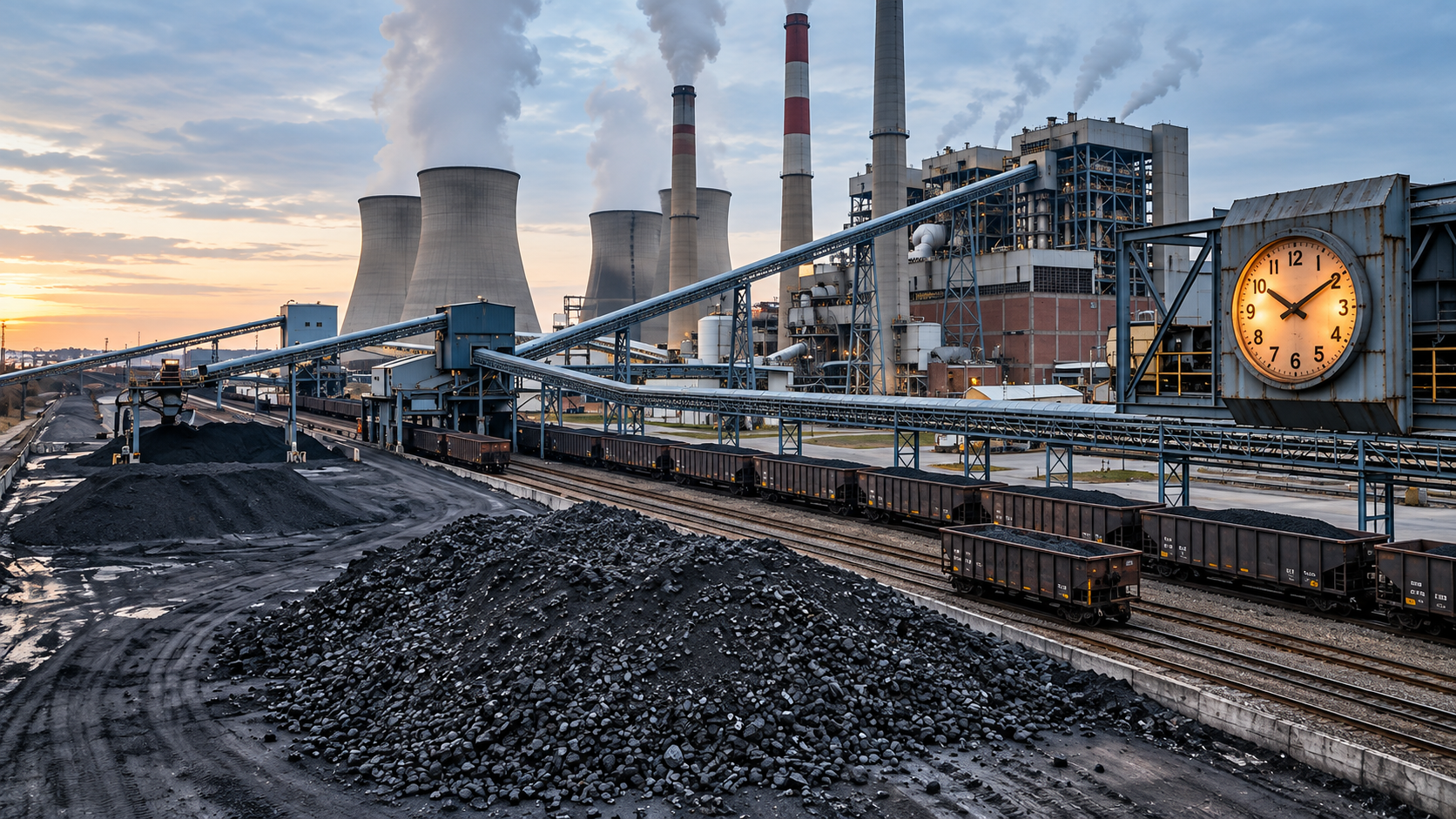 Coal stockyard, railway wagons and thermal power plant with an industrial clock representing the recovery timetable for critical coal stocks.