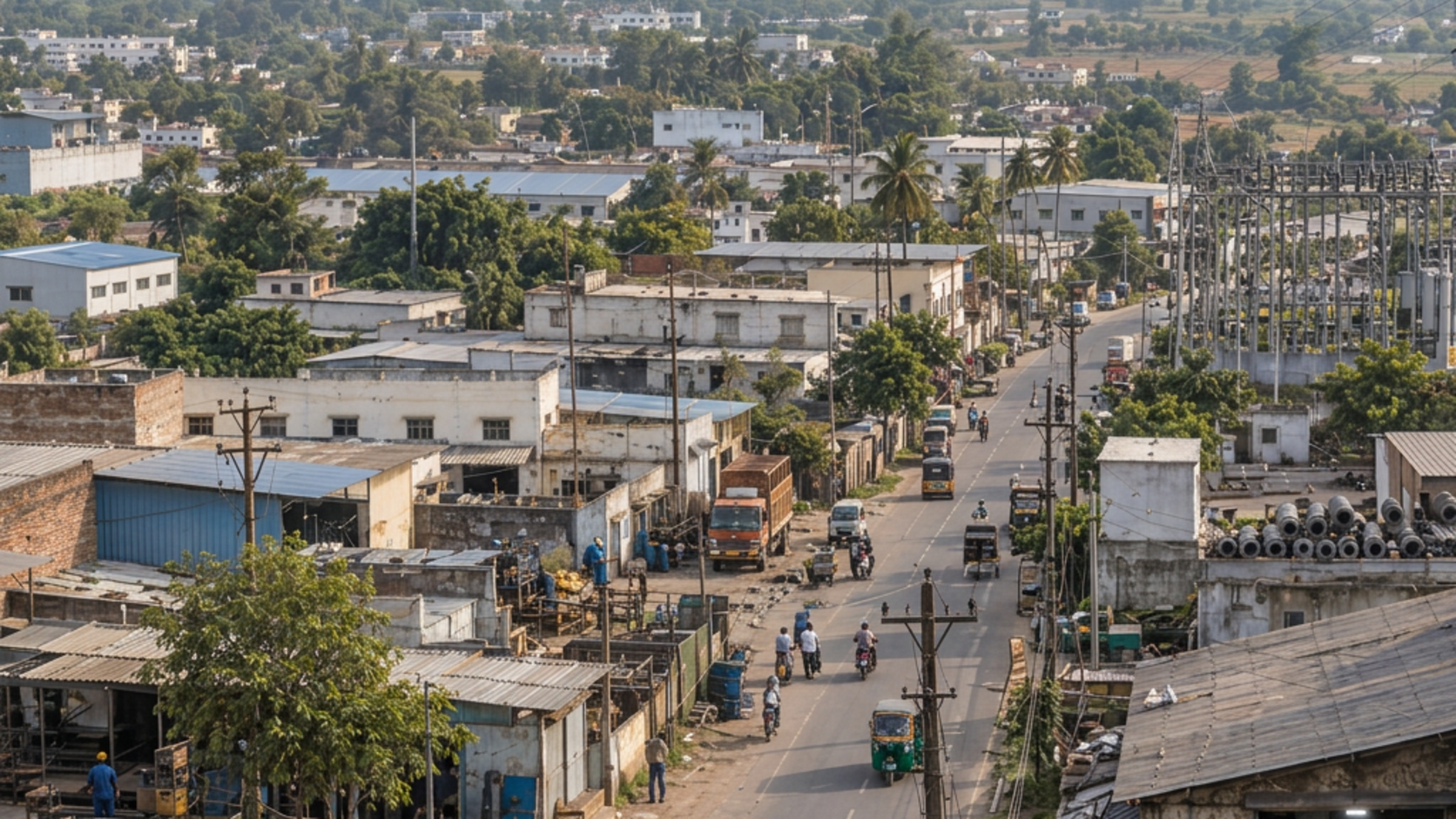 Elevated view of small and mid-sized workshops, local roads, workers, trucks and power infrastructure in an Indian industrial district