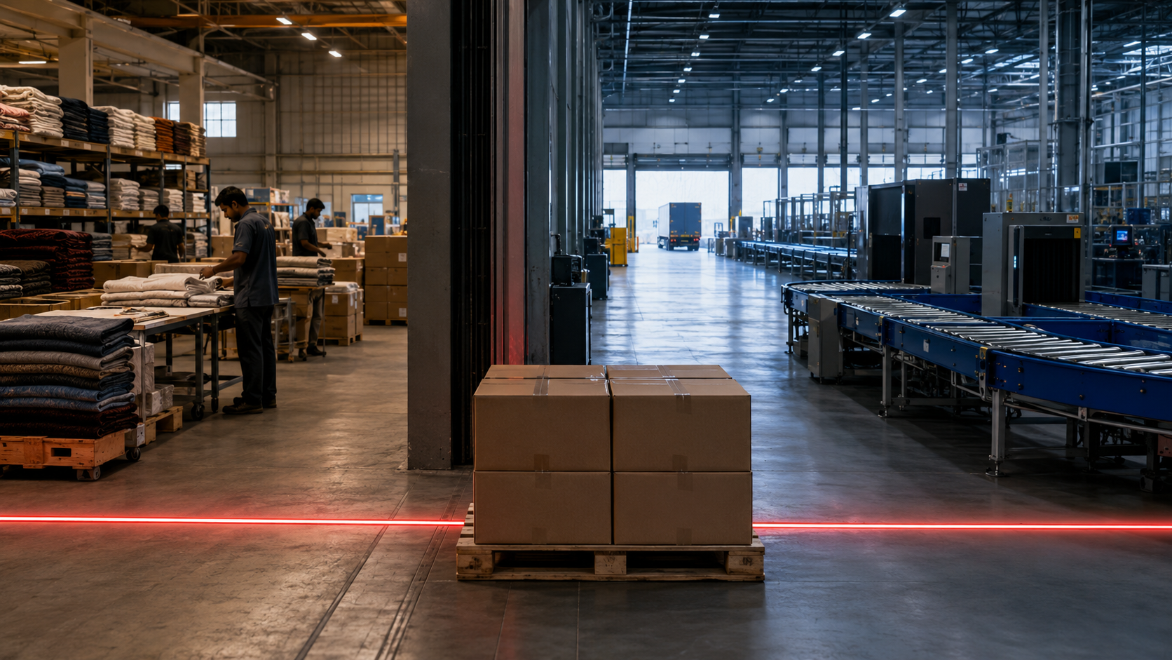 Pallet of Indian-made textile cartons crossing from a manufacturing facility into an automated export fulfilment network