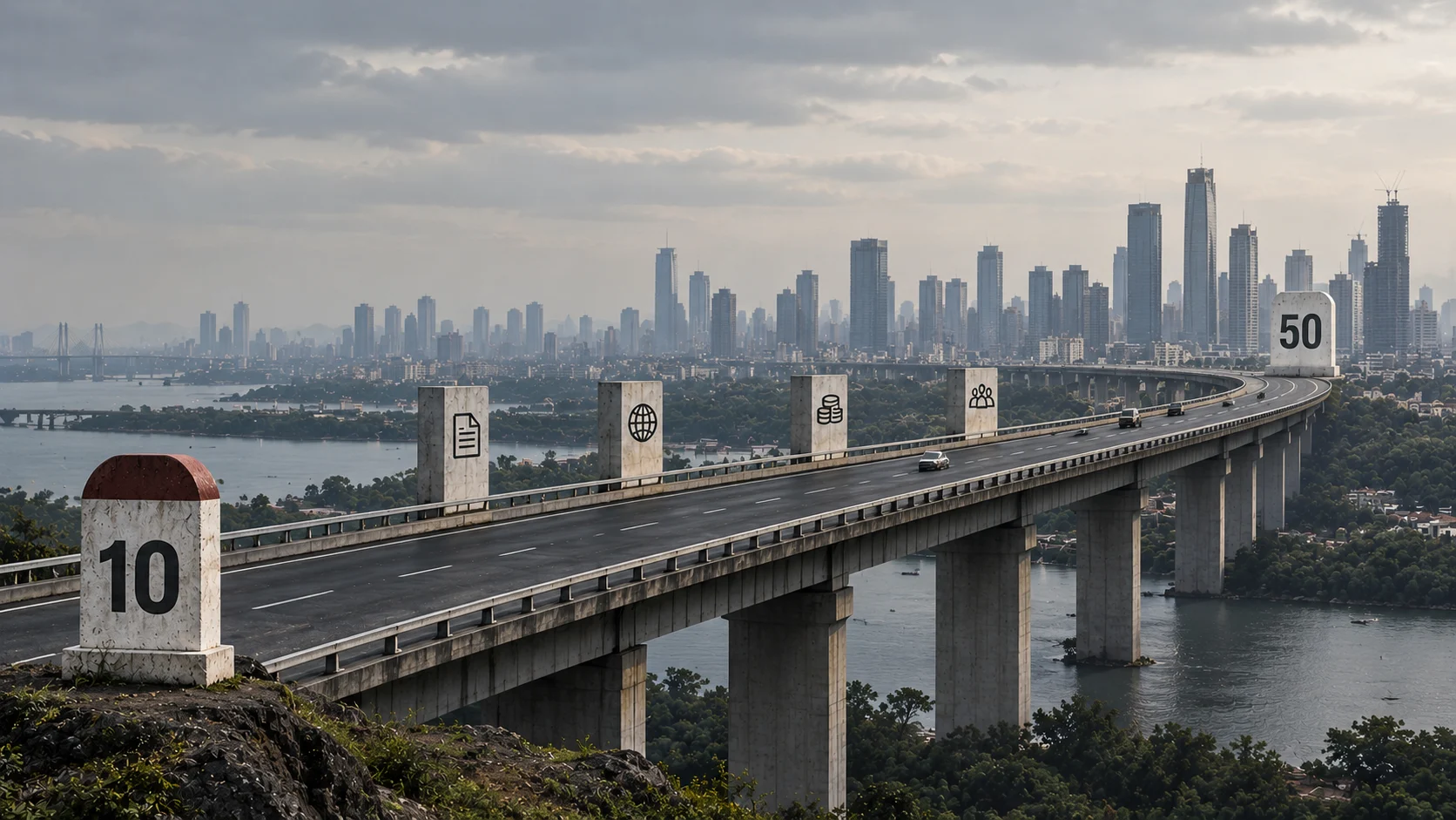 Road from 10 to 50 symbolising India’s proposed scale pipeline for increasing its Global 500 companies