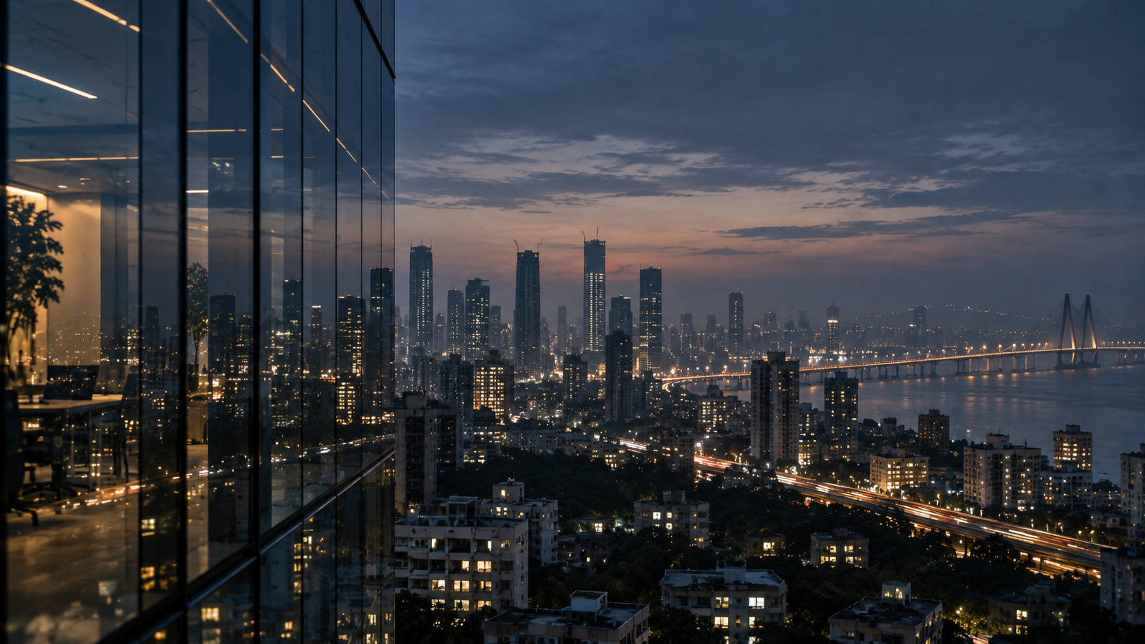 Indian metropolitan business district at dusk viewed through glass