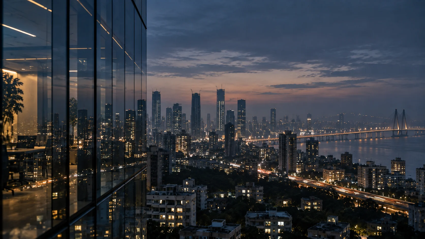 Indian metropolitan business district at dusk viewed through glass