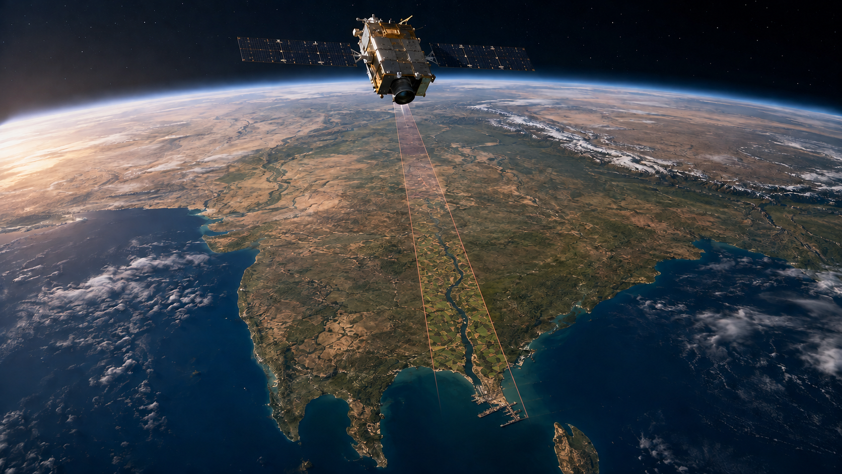 Earth-observation satellite scanning agricultural and infrastructure activity across India