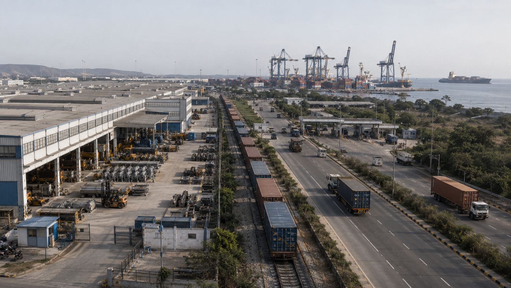 Indian factory, freight and port operations leading to a UK-bound container ship