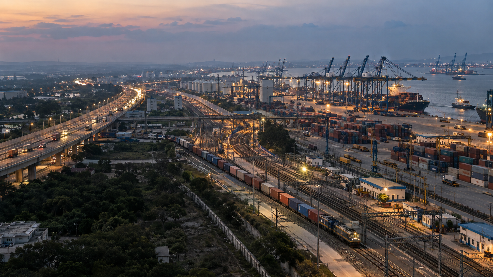 Indian port, freight railway and highway infrastructure forming an integrated logistics corridor.