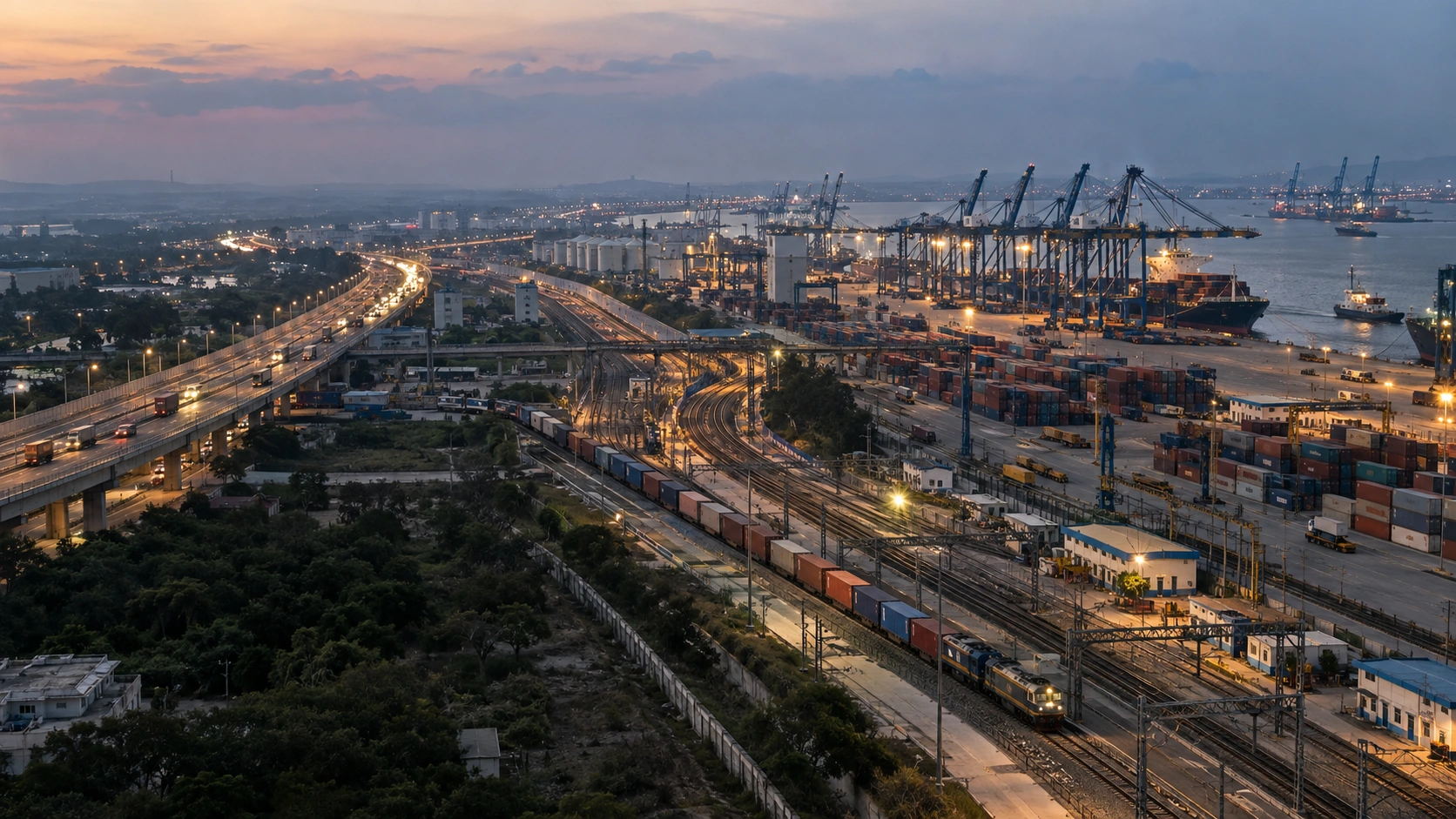 Indian port, freight railway and highway infrastructure forming an integrated logistics corridor.