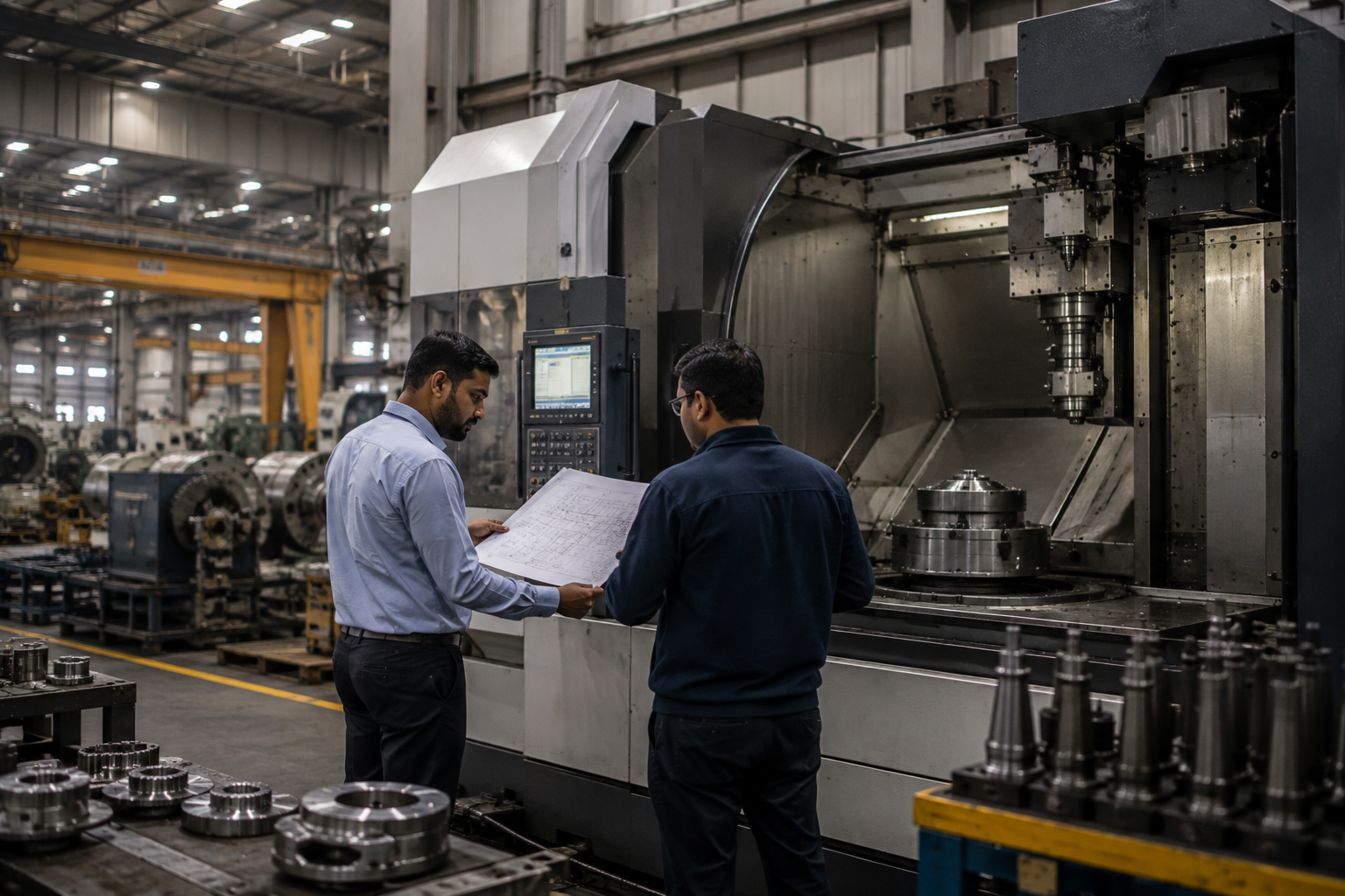 Indian engineers evaluating industrial machinery inside a manufacturing plant