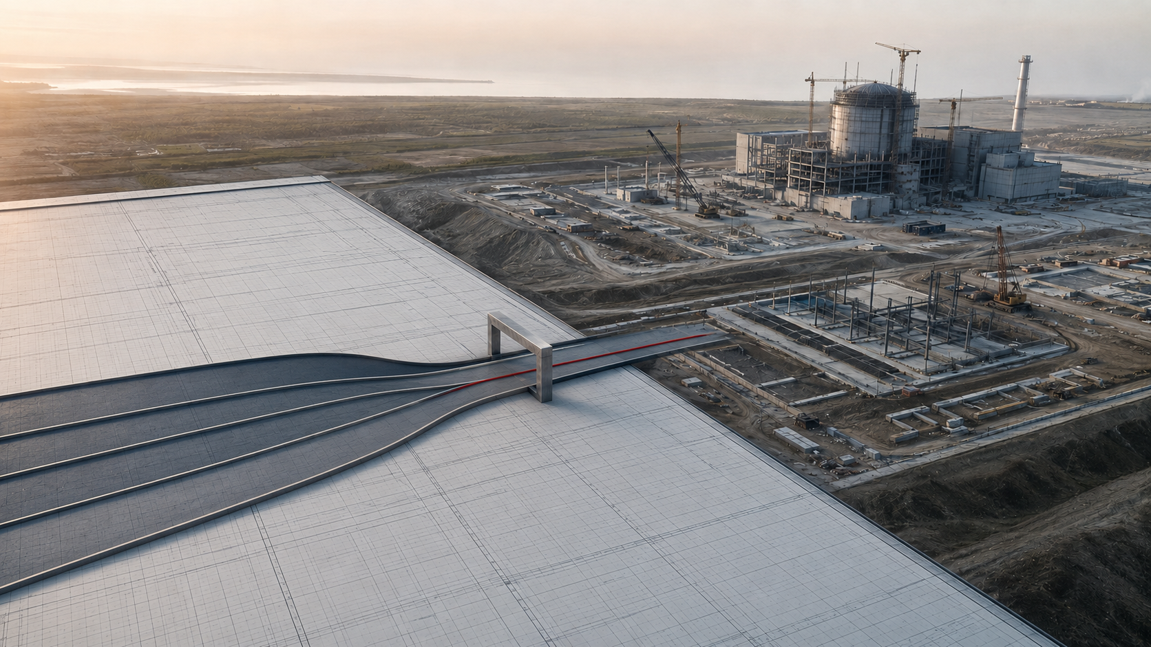 Four project-development pathways converge through an institutional first gate towards a nuclear power plant under construction.