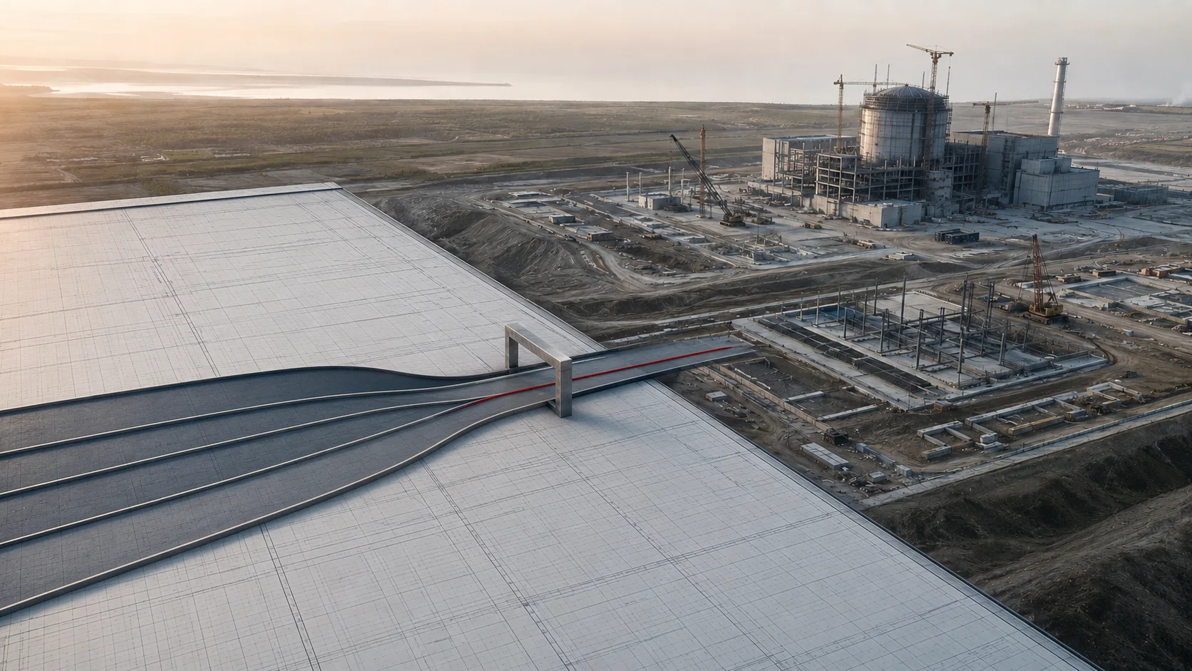 Four project-development pathways converge through an institutional first gate towards a nuclear power plant under construction.