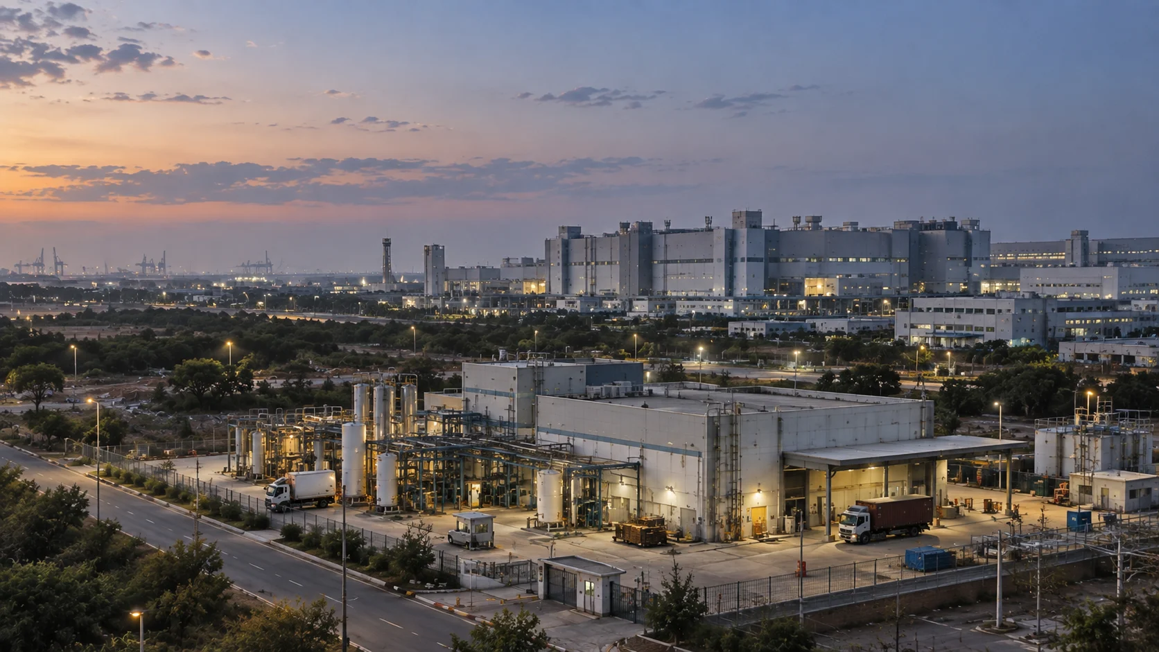 Indian semiconductor supplier facility and fabrication complex at dusk