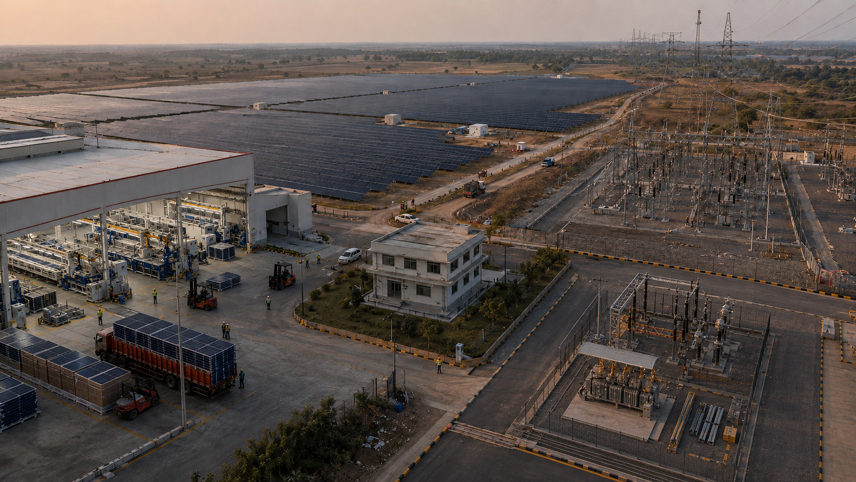 Solar manufacturing, commissioned generation and transmission infrastructure operating as separate parts of India's solar-delivery system.