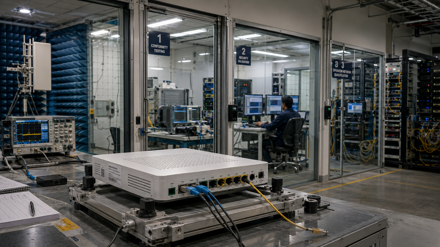 Telecom equipment under test across three qualification stages — conformity testing, security validation and operator network qualification